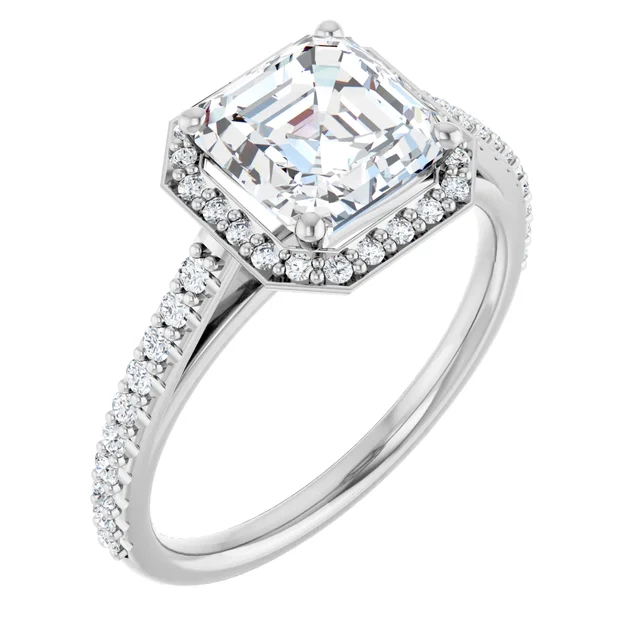 14K White Gold Asscher Halo Pave Diamond Engagement Ring