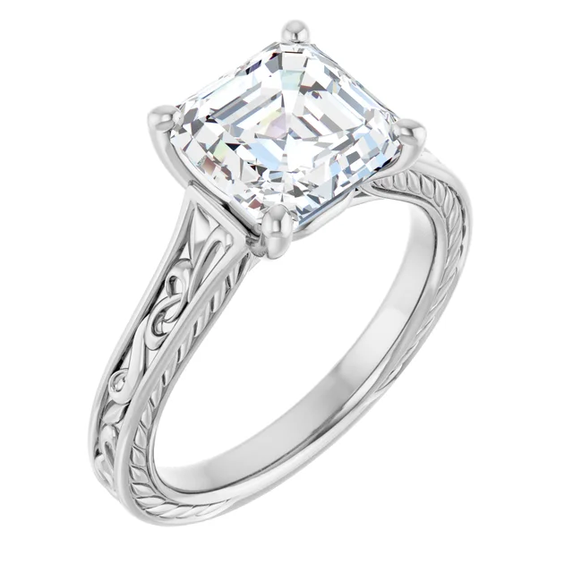 14K White Gold Asscher Twisted Cathedral Diamond Engagement Ring