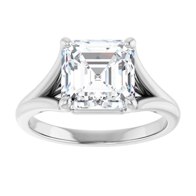 14K White Gold Asscher Solitaire Diamond Accented Band Engagement Ring