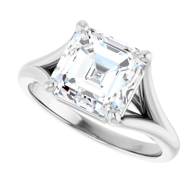 14K White Gold Asscher Solitaire Diamond Accented Band Engagement Ring