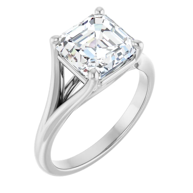 14K White Gold Asscher Solitaire Diamond Accented Band Engagement Ring