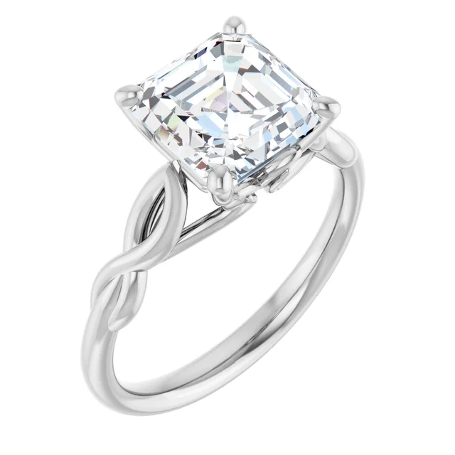 14K White Gold Asscher Twisted Cathedral Diamond Engagement Ring