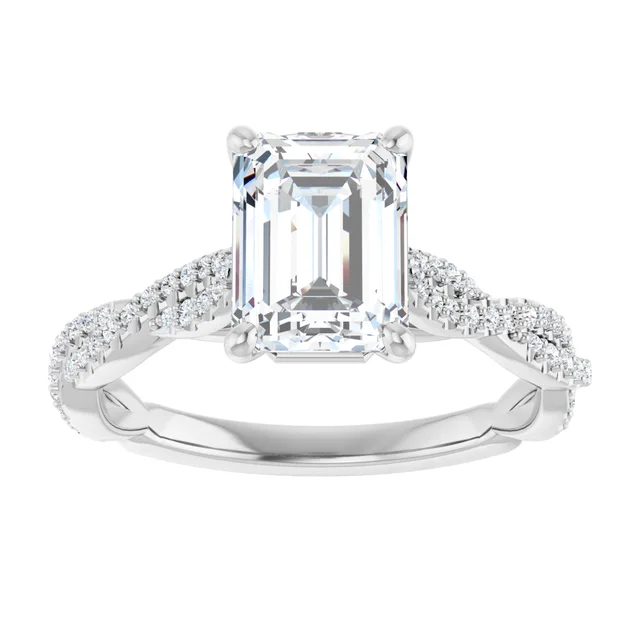 14K White Gold Emerald Cut Cathedral Pavé Diamond Engagement Ring