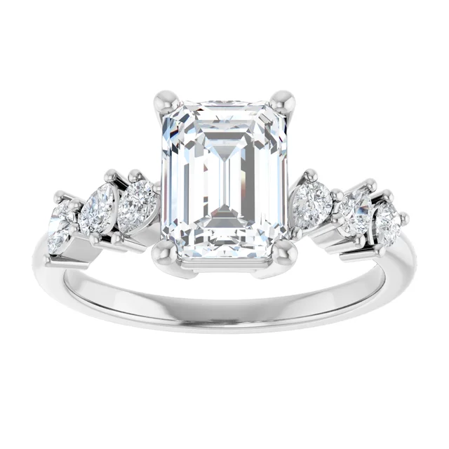 14K White Gold Emerald Cut Diamond Engagement Ring with Accents