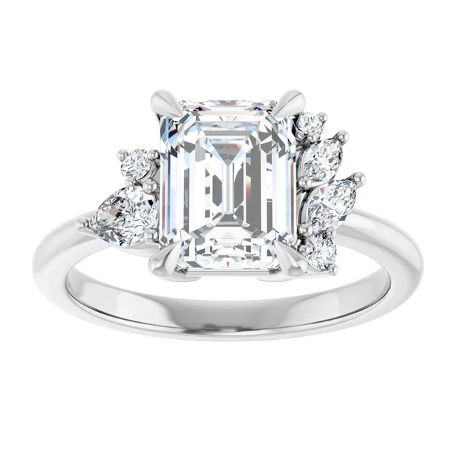 14K White Gold Emerald Cut Diamond Engagement Ring with Cluster Accents