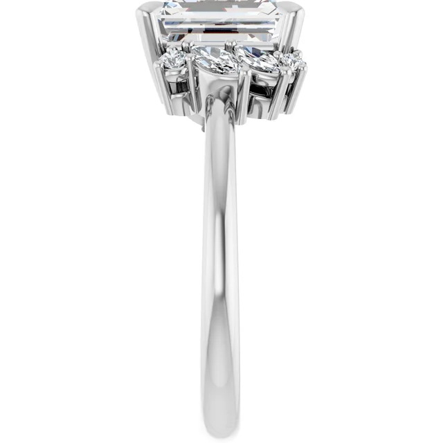14K White Gold Emerald Cut Diamond Engagement Ring with Cluster Accents
