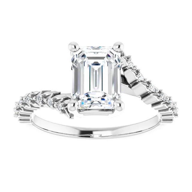 14K White Gold Emerald Cut Diamond Modern Engagement Ring with Twisted Shank