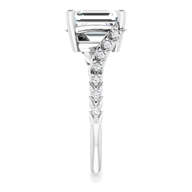 14K White Gold Emerald Cut Diamond Modern Engagement Ring with Twisted Shank