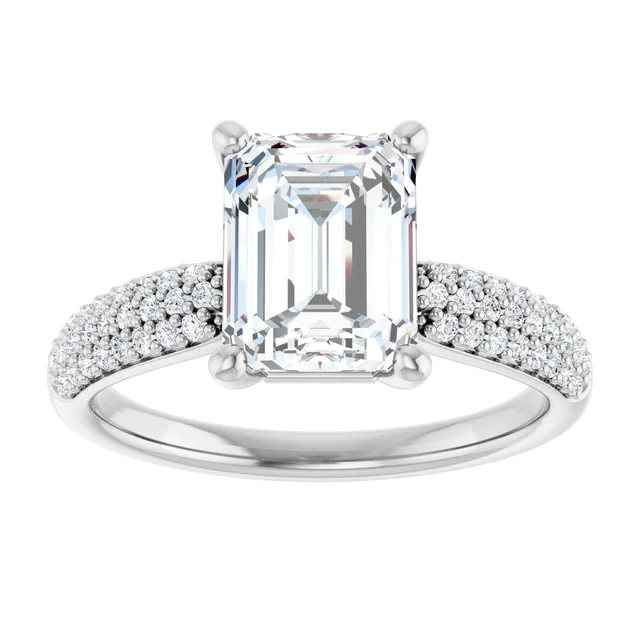 14K White Gold Emerald Cut Triple Row Pavé Diamond Engagement Ring