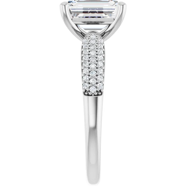 14K White Gold Emerald Cut Triple Row Pavé Diamond Engagement Ring