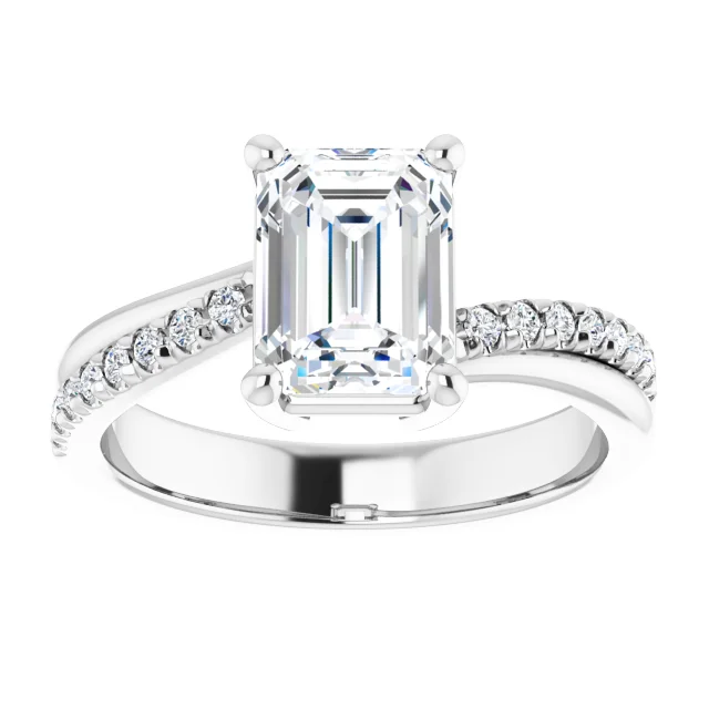 14K White Gold Emerald Cut Twisted Shank Pavé Diamond Engagement Ring