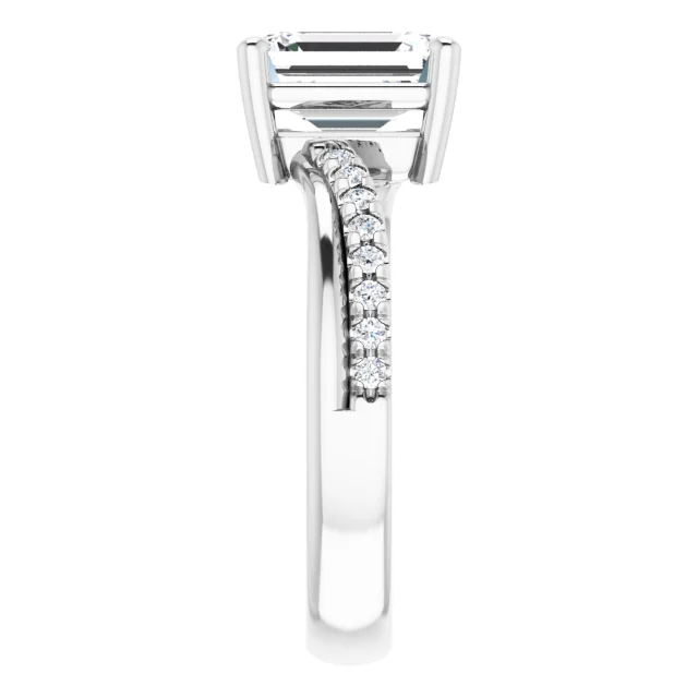 14K White Gold Emerald Cut Twisted Shank Pavé Diamond Engagement Ring