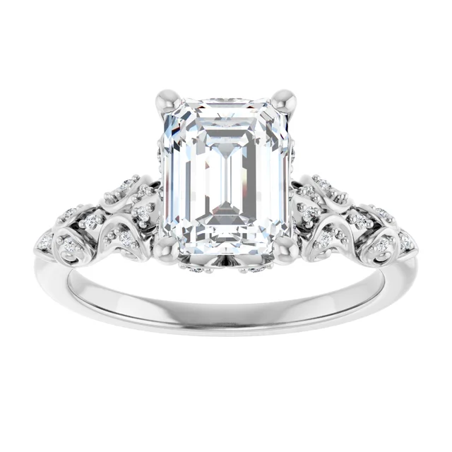 14K White Gold Emerald Cut Vintage (Filigree) Diamond Engagement Ring