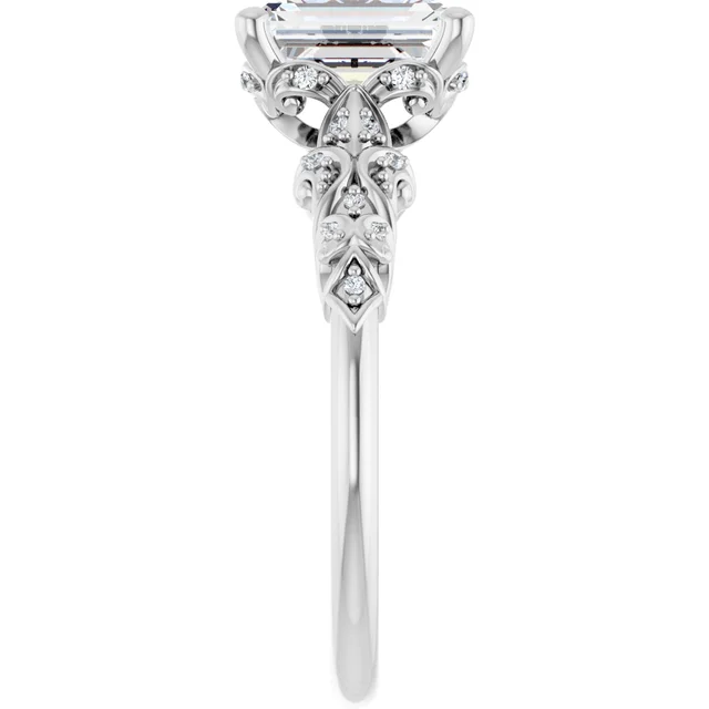 14K White Gold Emerald Cut Vintage (Filigree) Diamond Engagement Ring