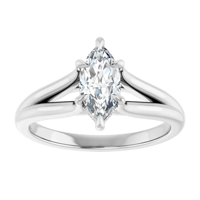 14K White Gold Marquise Cut Split Shank Solitaire Diamond Engagement Ring
