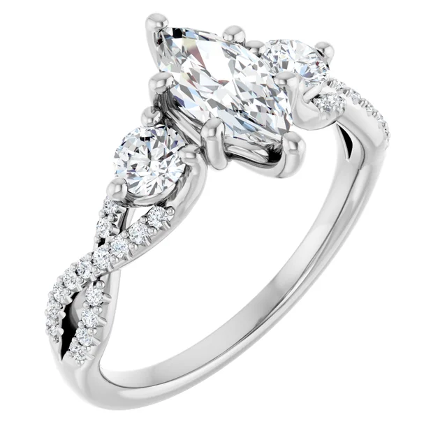 14K White Gold Marquise Cut Twisted Three Stone Diamond Engagement Ring