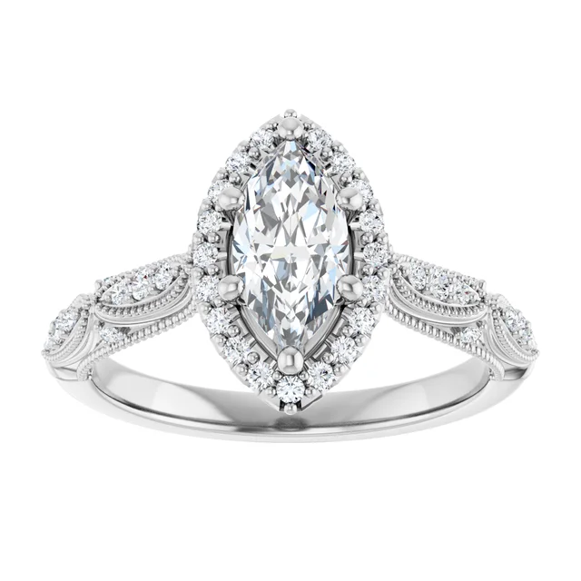 14K White Gold Marquise Cut Vintage Halo Diamond Engagement Ring