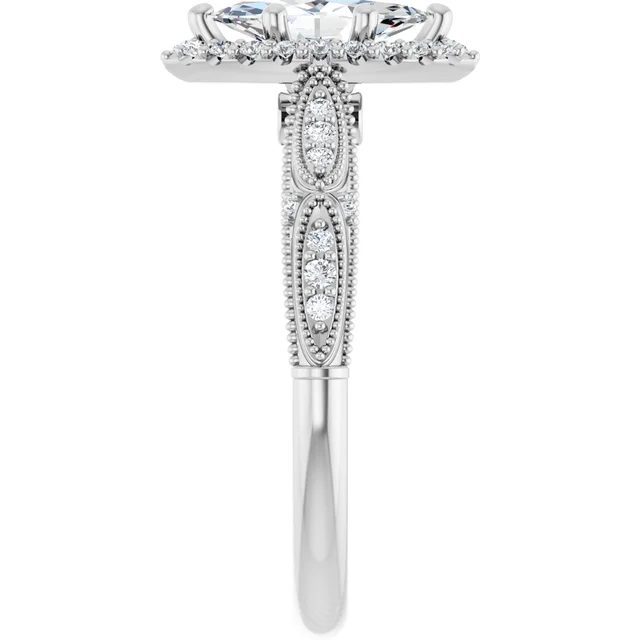 14K White Gold Marquise Cut Vintage Halo Diamond Engagement Ring