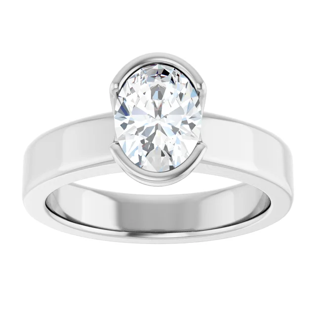 14K White Gold Oval Cut Bezel Diamond Engagement Ring