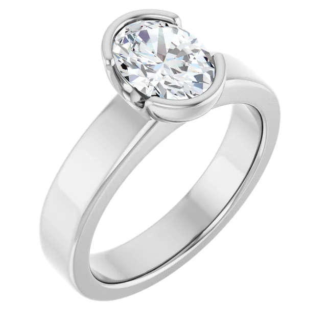 14K White Gold Oval Cut Bezel Diamond Engagement Ring