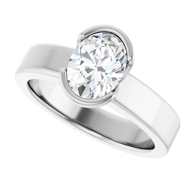 14K White Gold Oval Cut Bezel Diamond Engagement Ring