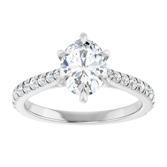 14K White Gold Oval Cut Cathedral Pavé Diamond Engagement Ring