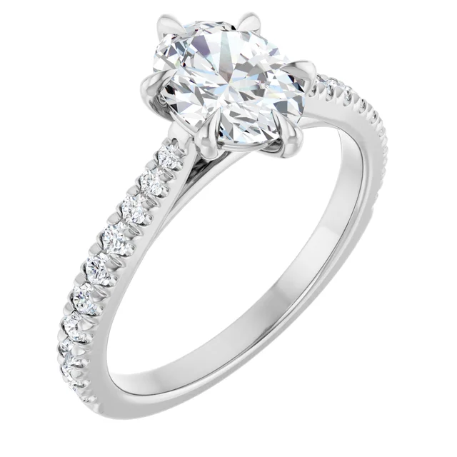 14K White Gold Oval Cut Cathedral Pavé Diamond Engagement Ring