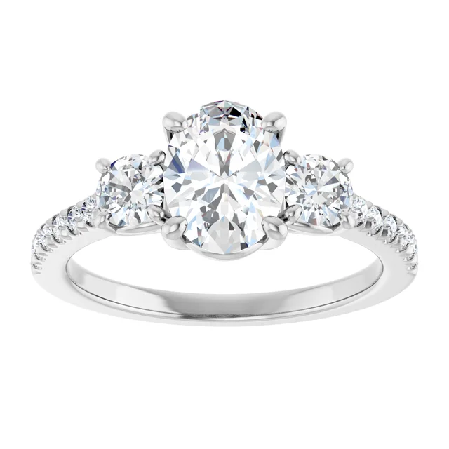 14K White Gold Oval Cut Pavé Three-Stone Diamond Engagement Ring