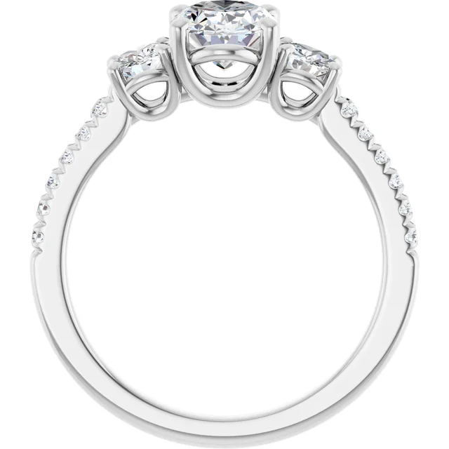 14K White Gold Oval Cut Pavé Three-Stone Diamond Engagement Ring