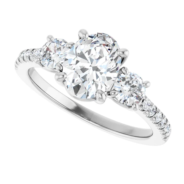 14K White Gold Oval Cut Pavé Three-Stone Diamond Engagement Ring