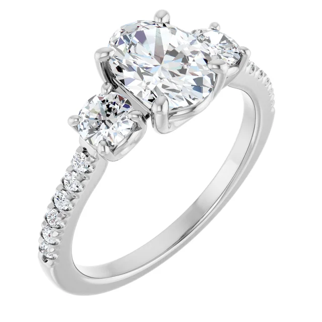 14K White Gold Oval Cut Pavé Three-Stone Diamond Engagement Ring