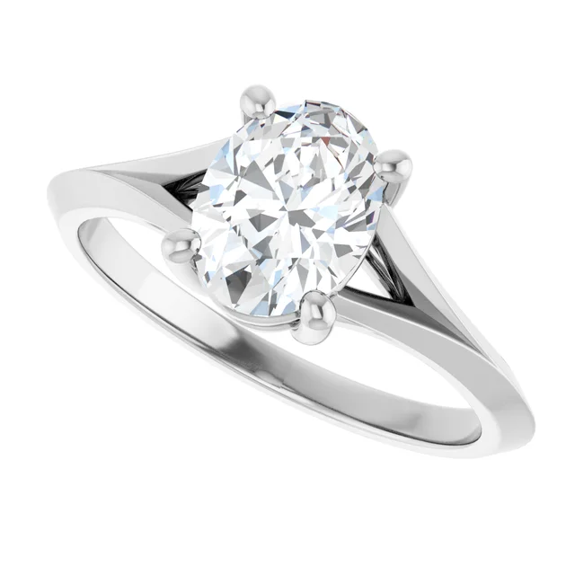 14K White Gold Oval Cut Split Shank Solitaire Diamond Engagement Ring