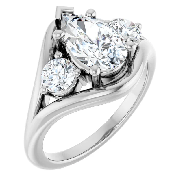 14K White Gold Pear Three-Stone Bypass Split Shank Diamond Engagement Ring