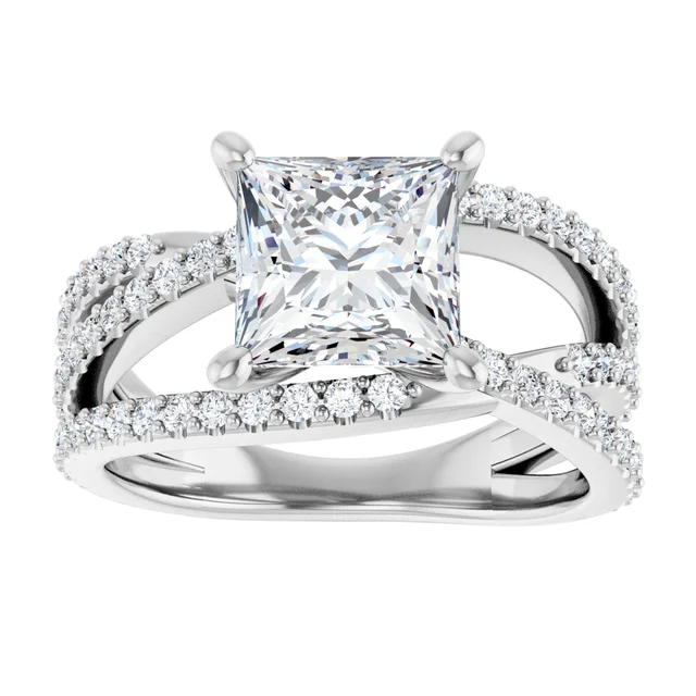 14K White Gold Princess Cut Double Row Pavé Split Shank Diamond Engagement Ring