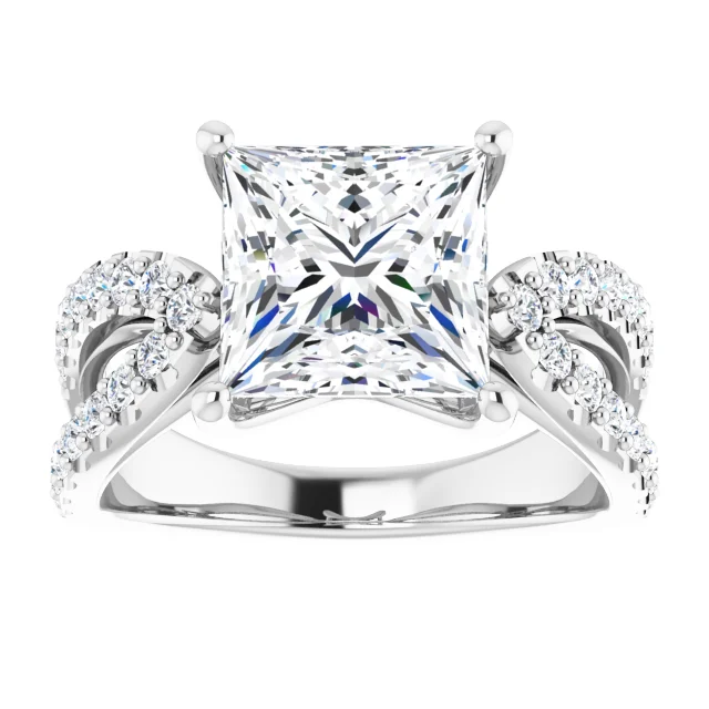14K White Gold Princess Cut Split Shank Pavé Diamond Engagement Ring
