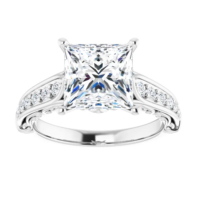14K White Gold Princess Cut Vintage Filigree Diamond Engagement Ring