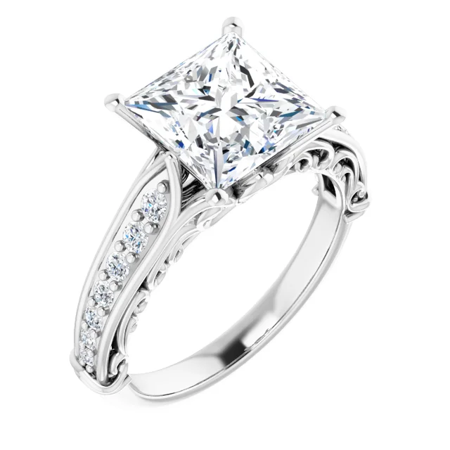 14K White Gold Princess Cut Vintage Filigree Diamond Engagement Ring