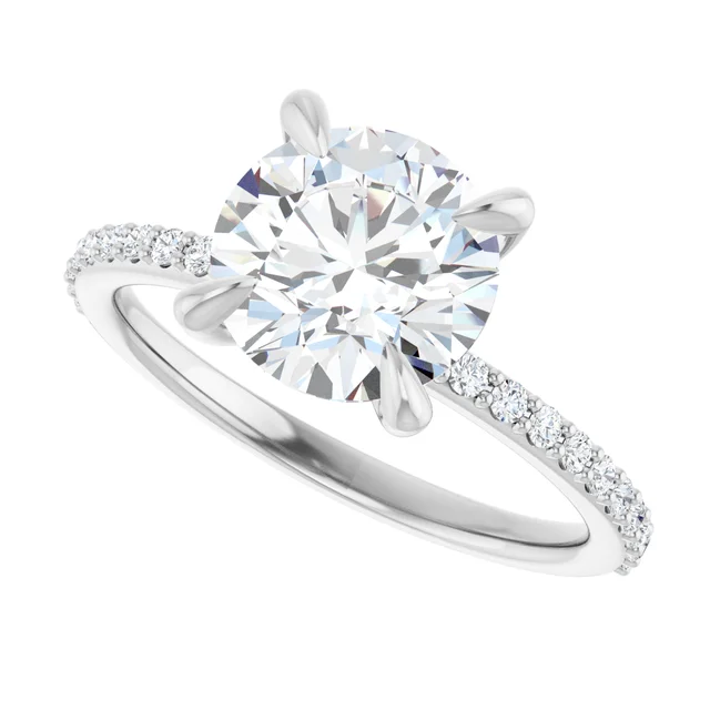 14K White Gold Round Claw Prong Pavé Diamond Engagement Ring