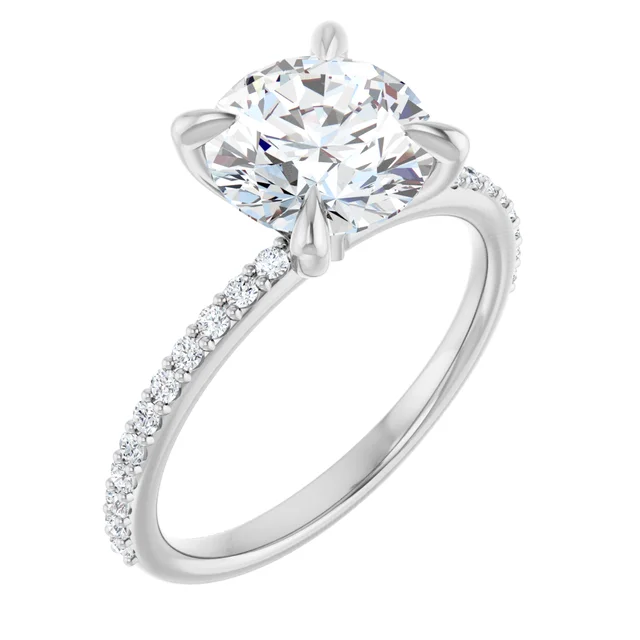 14K White Gold Round Claw Prong Pavé Diamond Engagement Ring