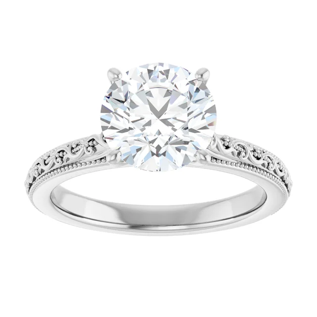 14K White Gold Round Milgrain Vintage Diamond Engagement Ring