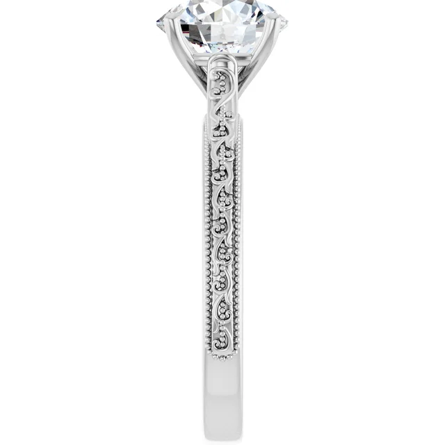 14K White Gold Round Milgrain Vintage Diamond Engagement Ring