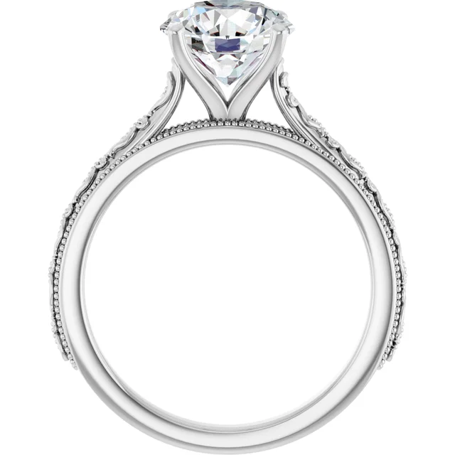14K White Gold Round Milgrain Vintage Diamond Engagement Ring