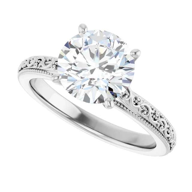 14K White Gold Round Milgrain Vintage Diamond Engagement Ring