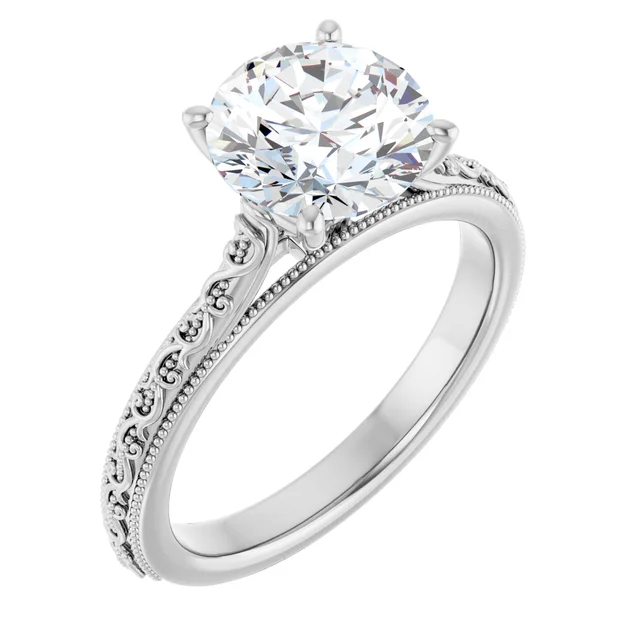 14K White Gold Round Milgrain Vintage Diamond Engagement Ring
