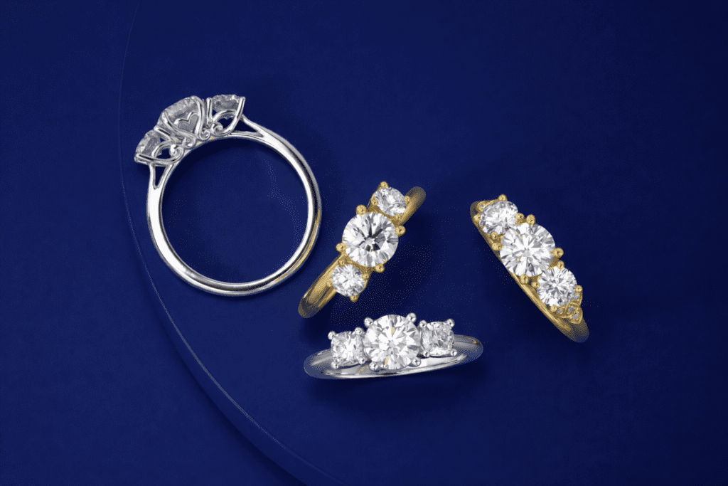 Elegant diamond ring arrangement on navy