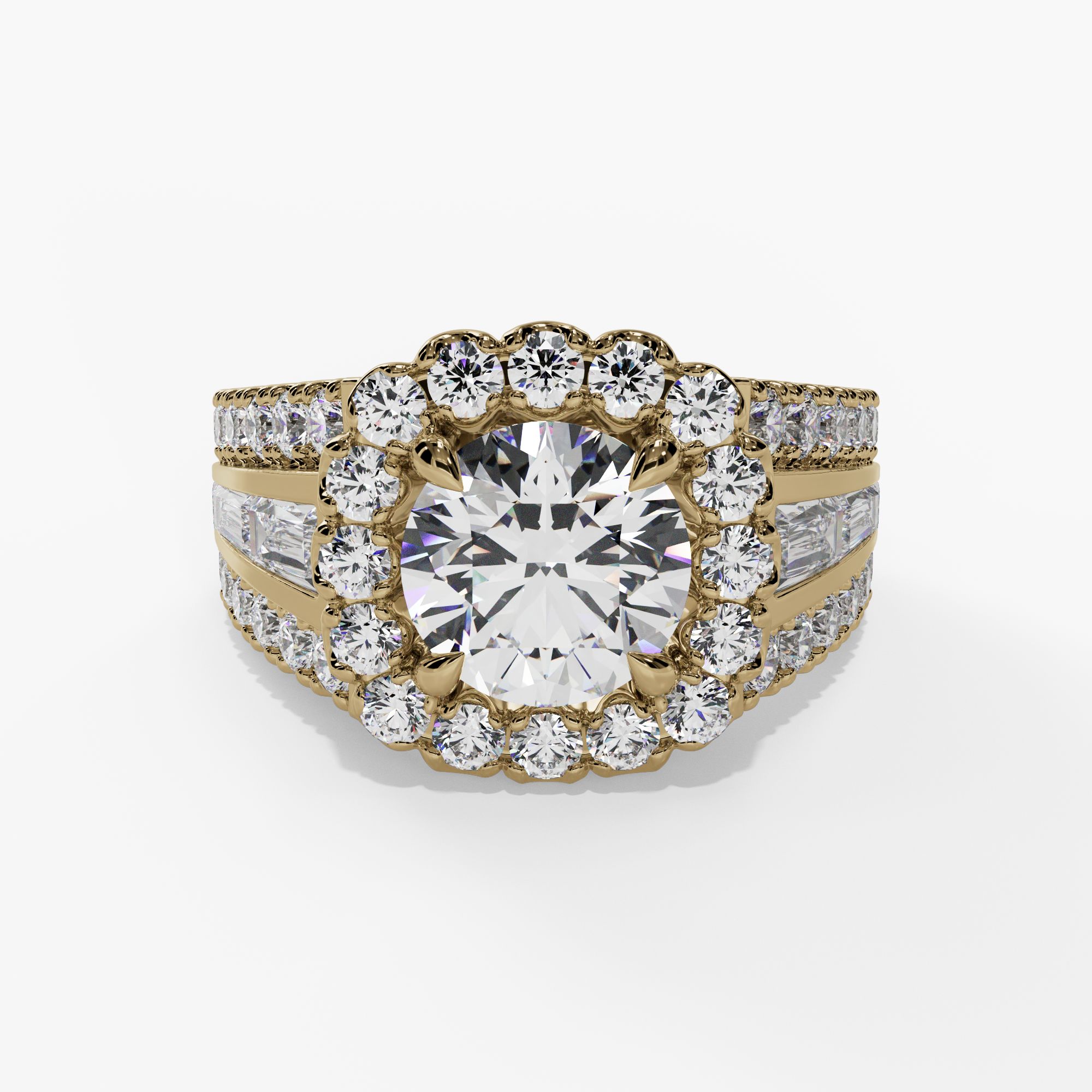 Halo Engagement Ring With 3 Row Tapered Baguette & Round Diamond Shank