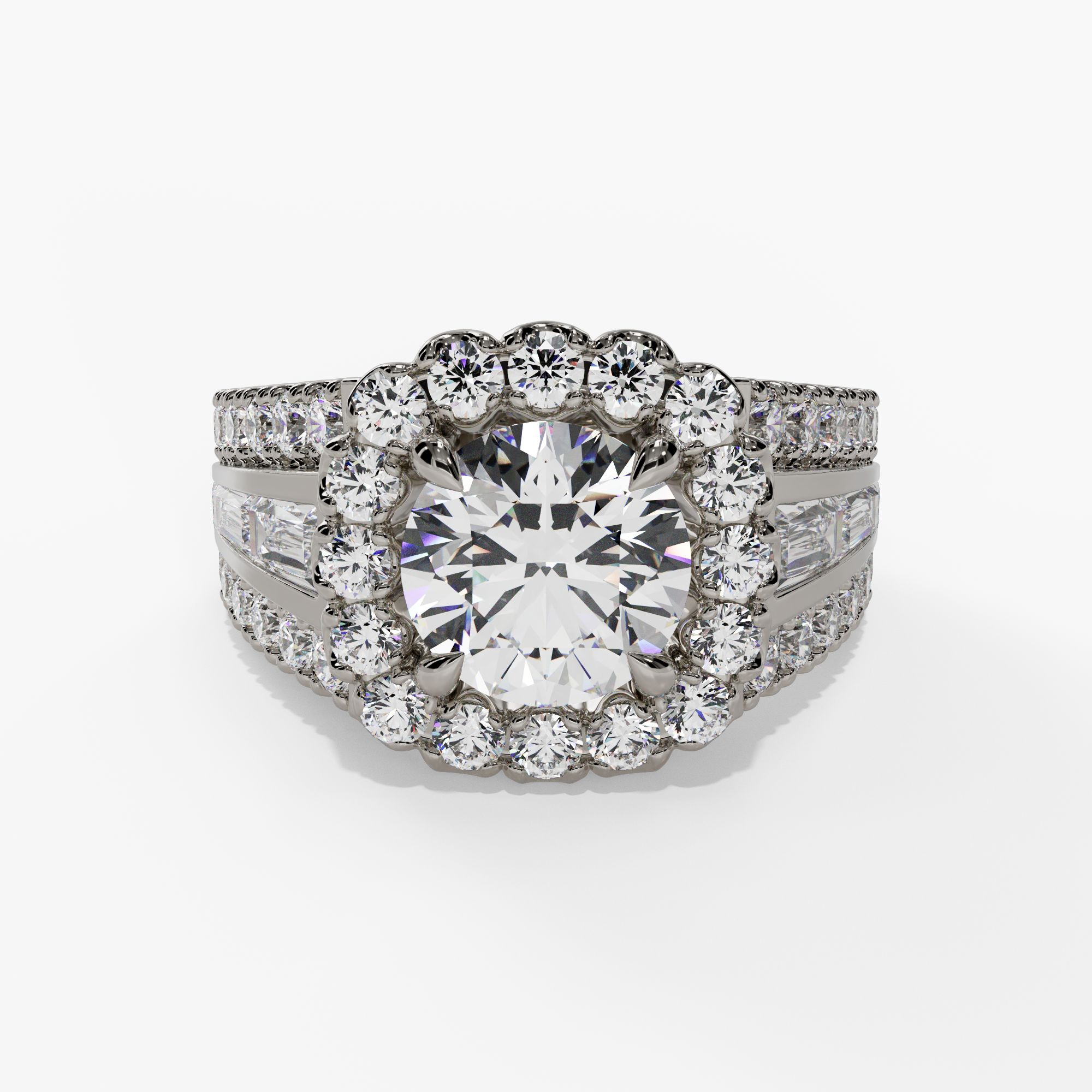 Halo Engagement Ring With 3 Row Tapered Baguette & Round Diamond Shank