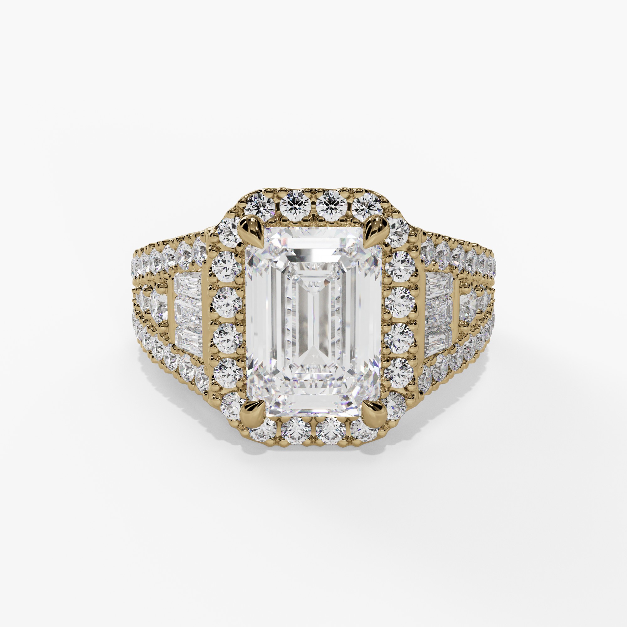 Halo Engagement Ring with Tapered Baguette and Round Diamond Shank