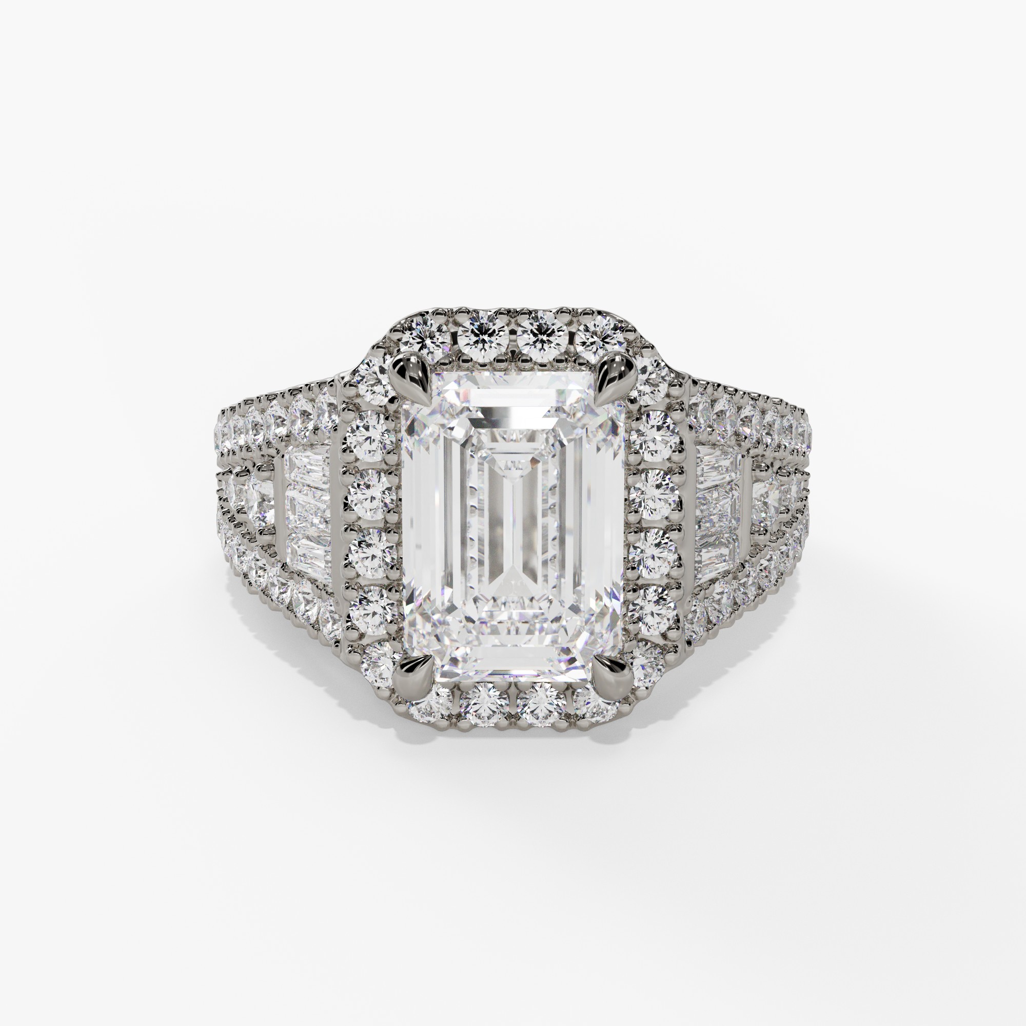 Halo Engagement Ring with Tapered Baguette and Round Diamond Shank