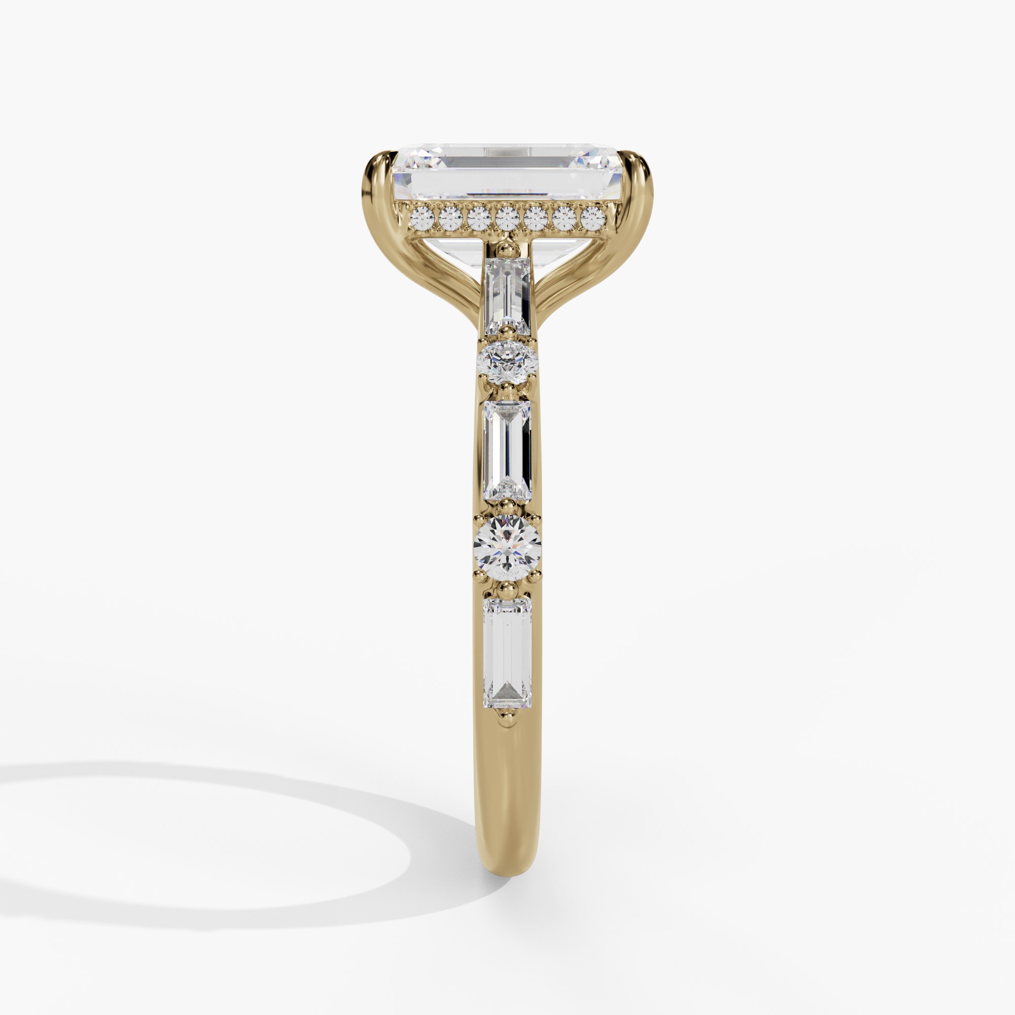 Hidden Halo Engagement Ring with Baguette & Round Diamond Shank